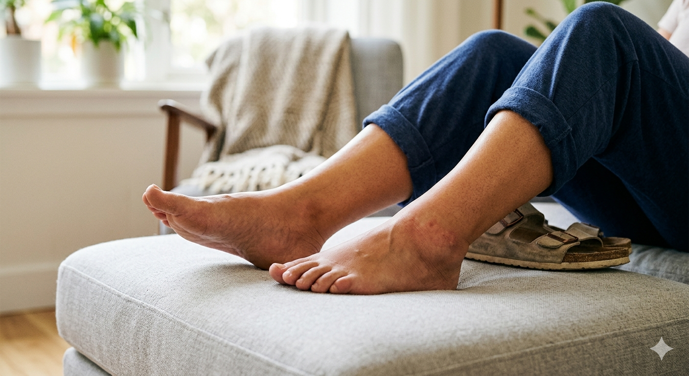 Person resting swollen ankles and feet on a comfortable cushion.