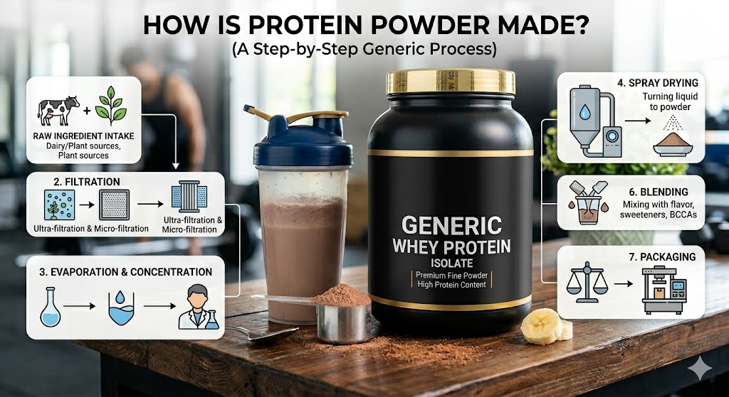 An educational infographic banner titled 'How Is Protein Powder Made?', showing a step-by-step generic manufacturing process. The image features a generic black whey protein jar, a shaker bottle, and a scoop on a wooden table, with clear icons illustrating steps like raw ingredient intake, filtration, evaporation, spray drying, blending, and packaging against a gym background